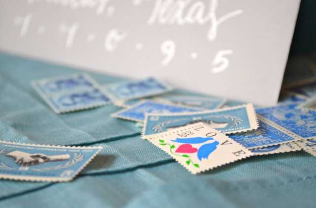 blue and teal vintage stamps. custom invitation design. couples shower. stock the bar. 