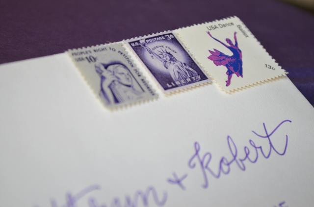 vintage purple stamps. wedding save the date. affordable calligraphy., 