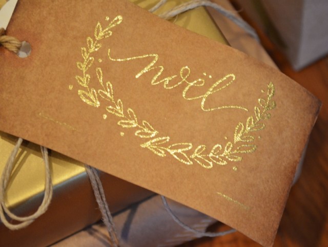 DIY gift tag with gold embossed custom stamp