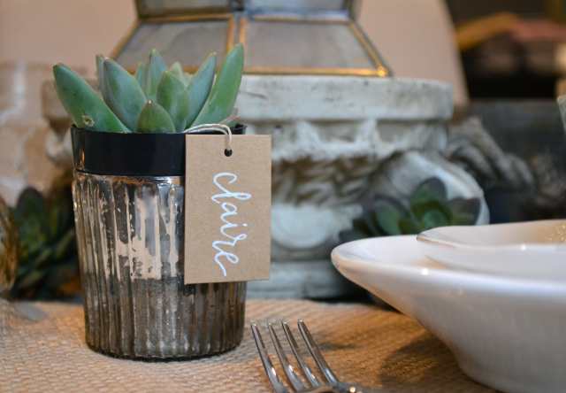 DIY mini succulent place cards with calligraphy